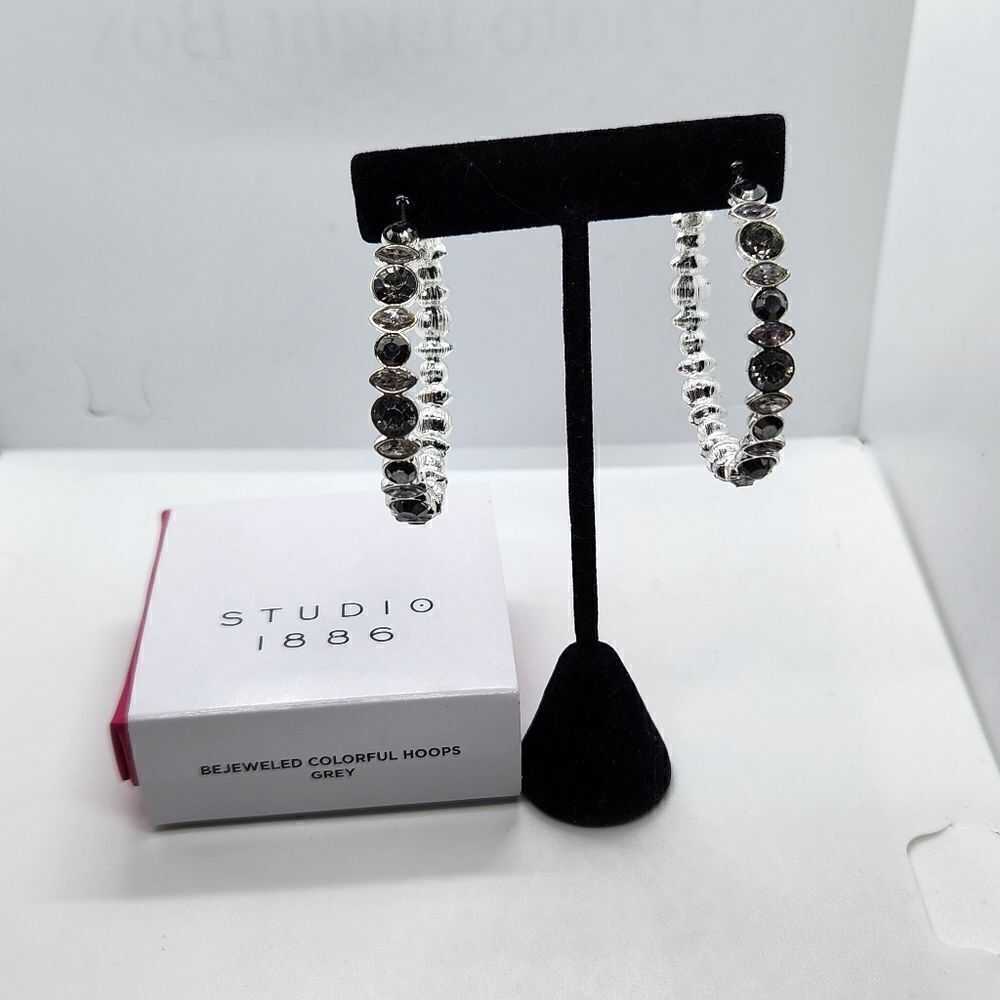 NIB Studio 1886 Bejewled Colorful 2" Hoop Earrings Grey Fashion Jewelry